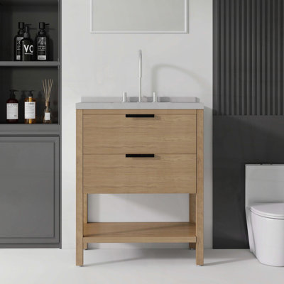 Meuble-lavabo autoportant avec lavabo, tiroir à fermeture amortie et comptoir en marbre reconstitué blanc granit de 5 cm avec dosseret, contreplaqué, chêne