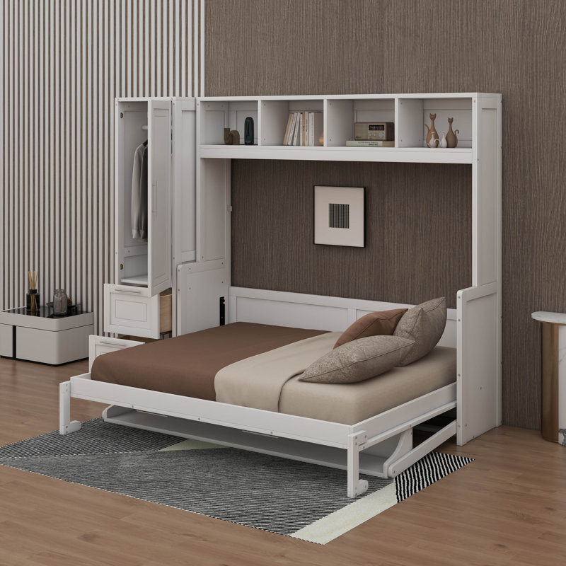 Grand lit escamotable avec placard et tiroirs, Blanc