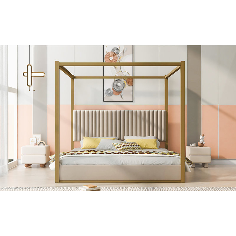 Upholstery Metal Canopy Bed, Beige, King