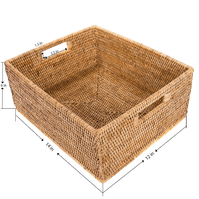Honey Brown Rectangular Rattan Storage Basket with Cutout Handles