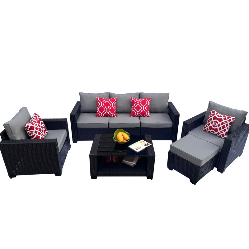 7 sièges d'extérieur: table basse en PE et jardin gris avec coussins d'eau