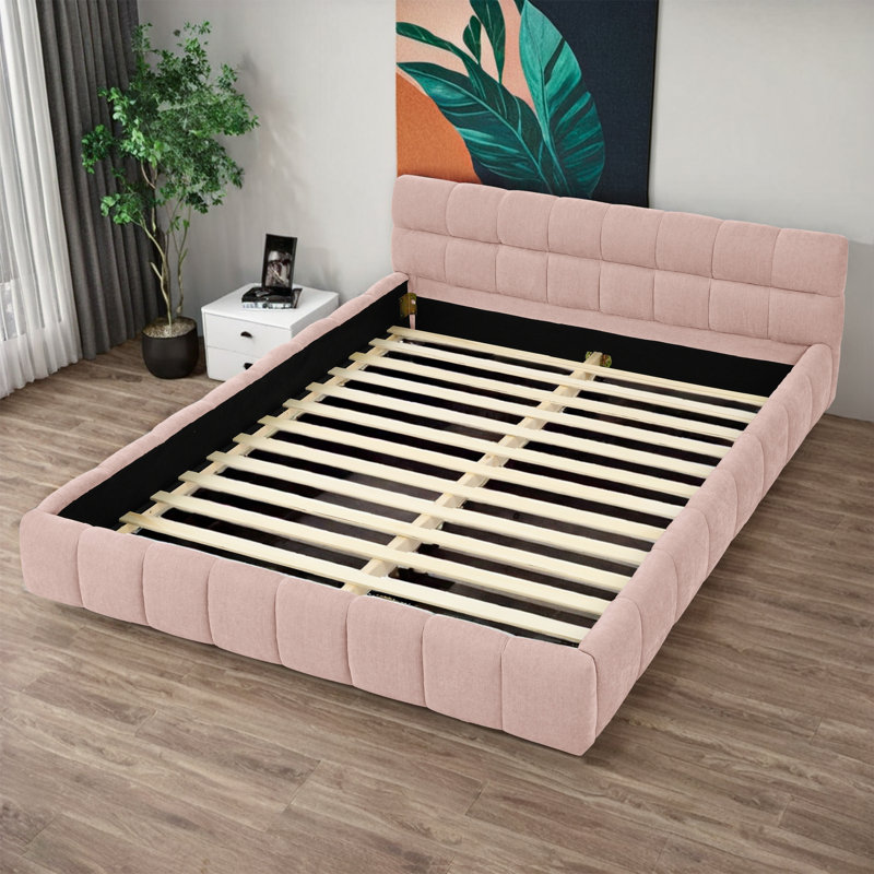 Upholstered Platform Bed Frame In Thick Chenille Fabric With Headboard And Sturdy Solid Frame., Pink