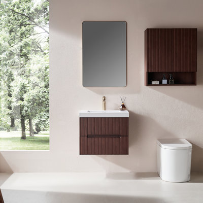 Meuble-lavabo simple mural et suspendu de 61 cm (24 po) en noyer foncé avec lavabo blanc intégré en acrylique, armoire en contreplaqué préassemblée avec 2 tiroirs