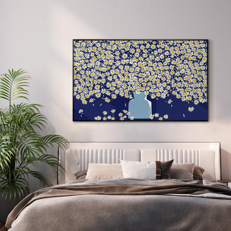 «Daisy Blossom Floral Explosion» sur fond bleu foncé, très grandes illustrations d'art encadrées (assemblage de cadre requis)