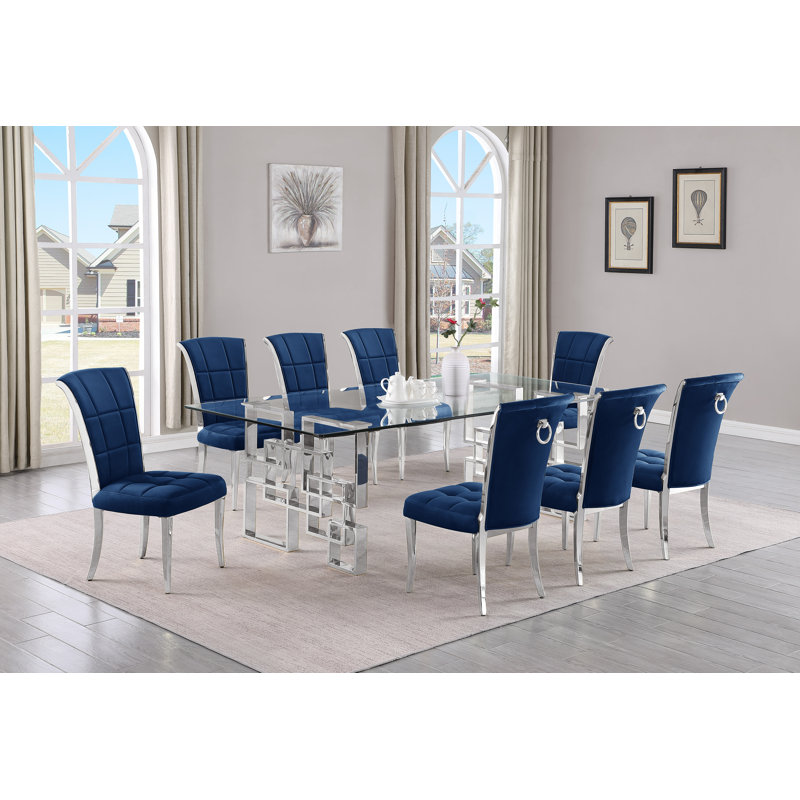 Ensemble de salle à manger rectangulaire L 95 po x l 46,00 po Solie, 9, Noir / argent, Argent