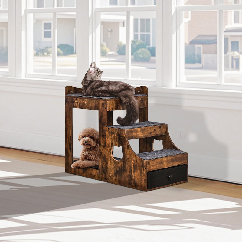 Rustic Brown Wooden Pet Bunk Bed with Storage and Stairs