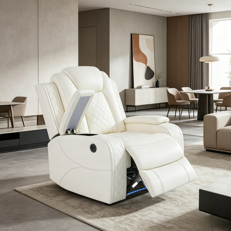 Fauteuil inclinable électrique avec port USB, lumière ambiante à DEL, accoudoirs de rangement - similicuir blanc respirant
