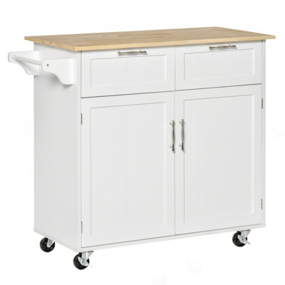 Modern Rolling Kitchen Island On Wheels, Utility Cart Storage Trolley With Rubberwood Top & Drawers