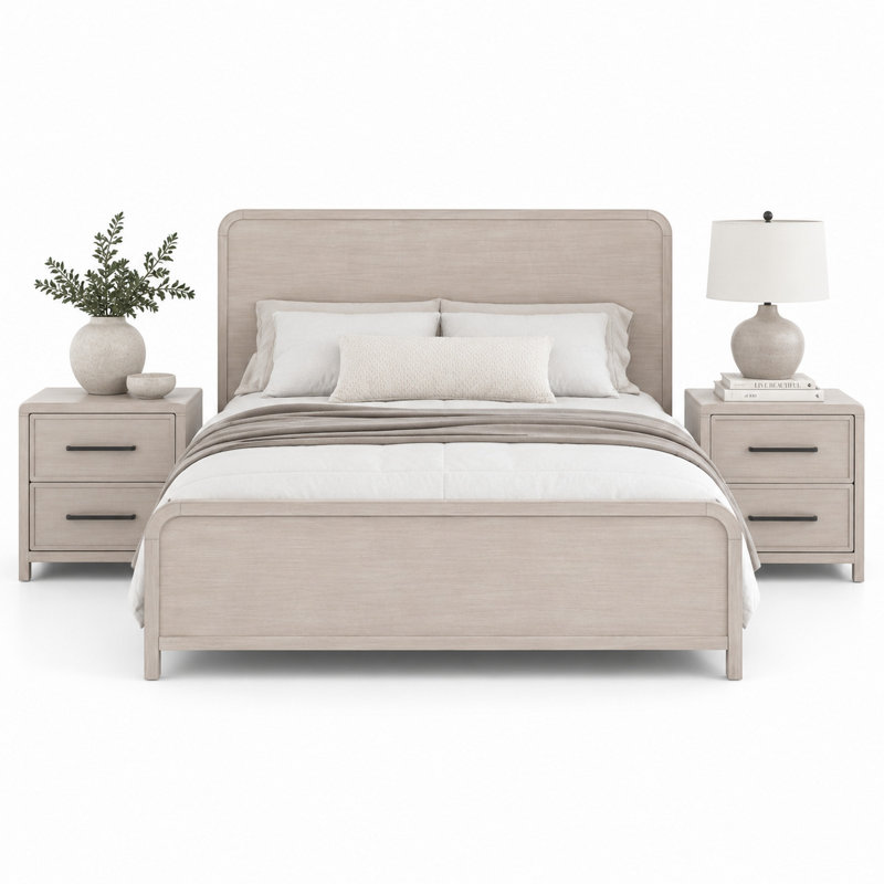 Ensemble de chambre à coucher grand lit, chêne brun naturel, bois brun, ensemble de 3 pièces avec 2 tables de chevet