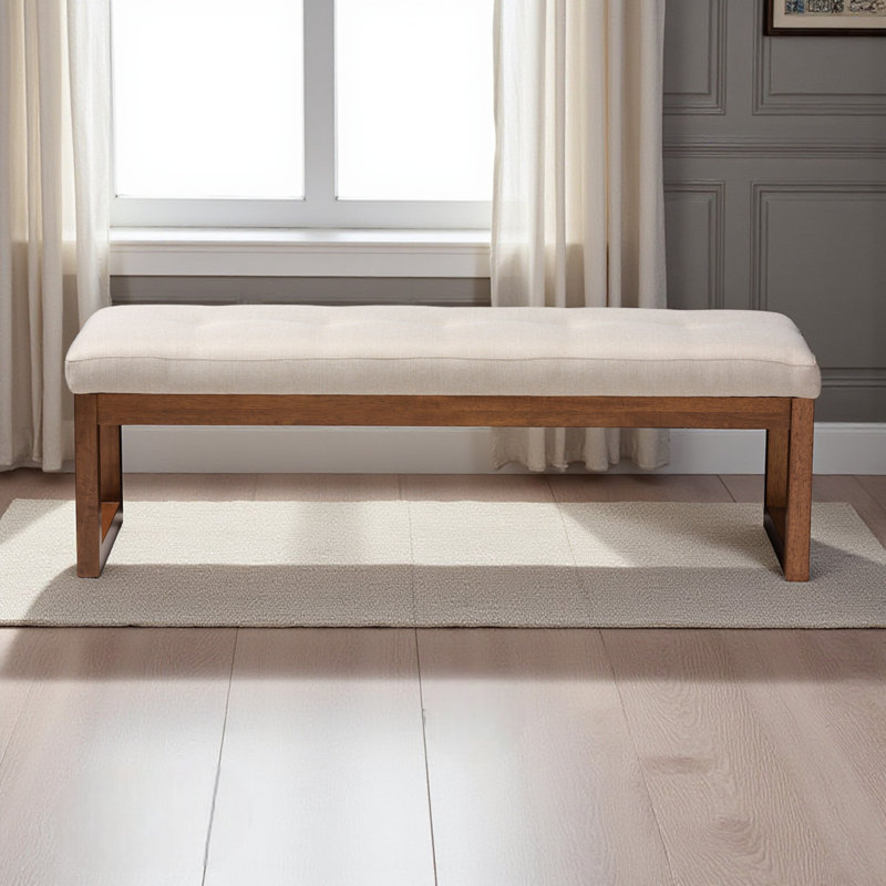 Yancey Walnut Wood Bench Upholstered in Light Beige Fabric, 17.11" H X 51.97" W X 18.73" D
