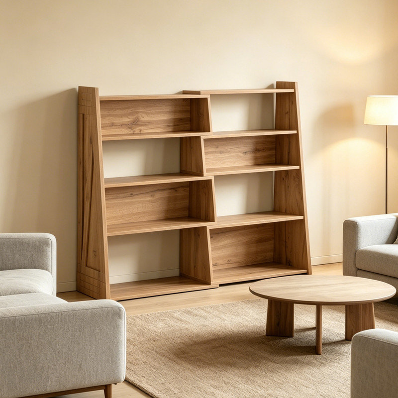 Bibliothèque modulaire asymétrique ouverte en bois de noyer, étagère de rangement convertible, Noyer brun