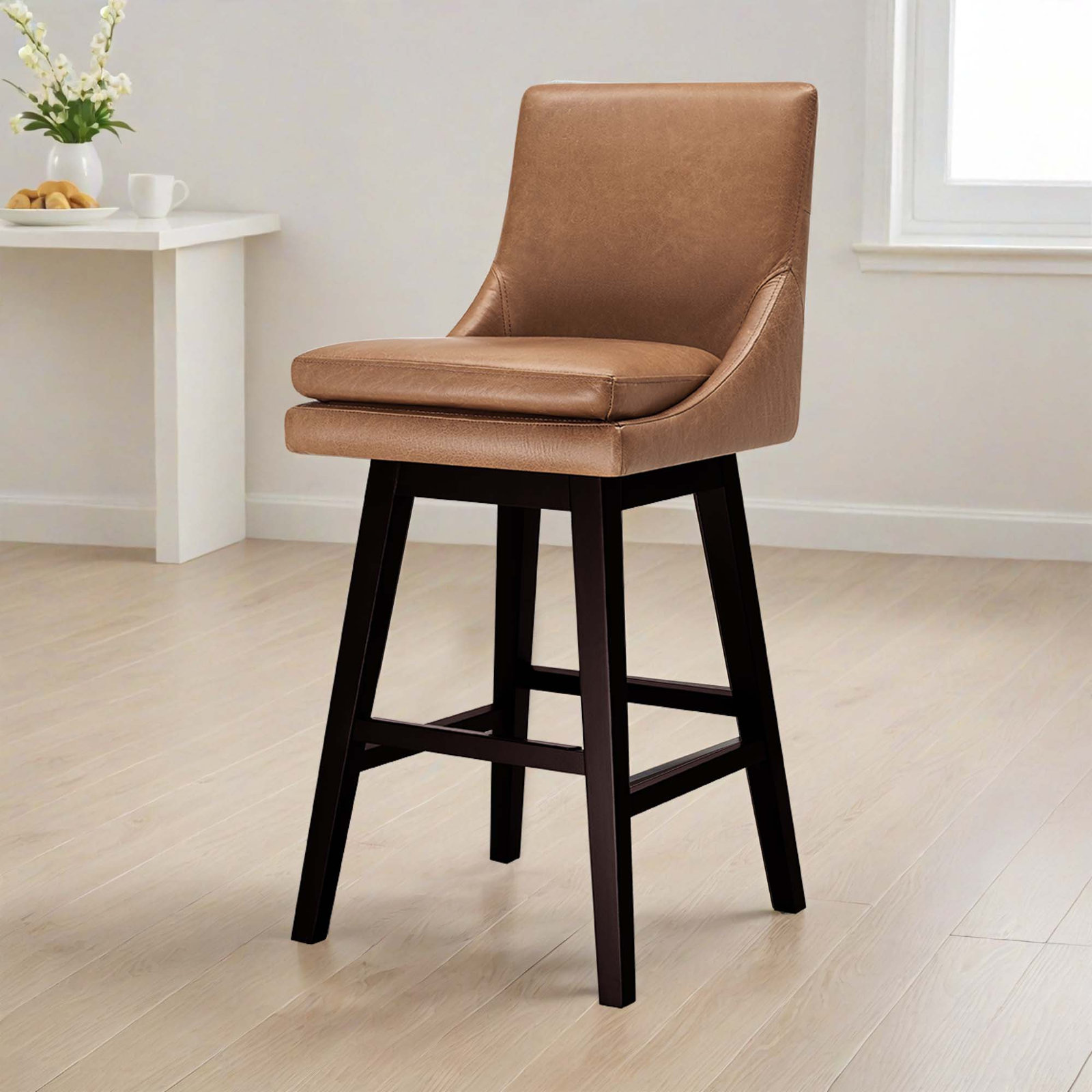 Zahara Swivel Bar Stool, Bar Stool (30" Seat Height), Marseille Brown Genuine Leather