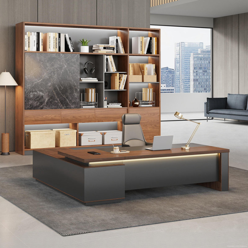 Modern Walnut 4-Tier Storage Bookshelf With Sliding Panels, Drawers & Led Accent Backlight – Versatile Storage Organizer For Living Room, Office, Bedroom