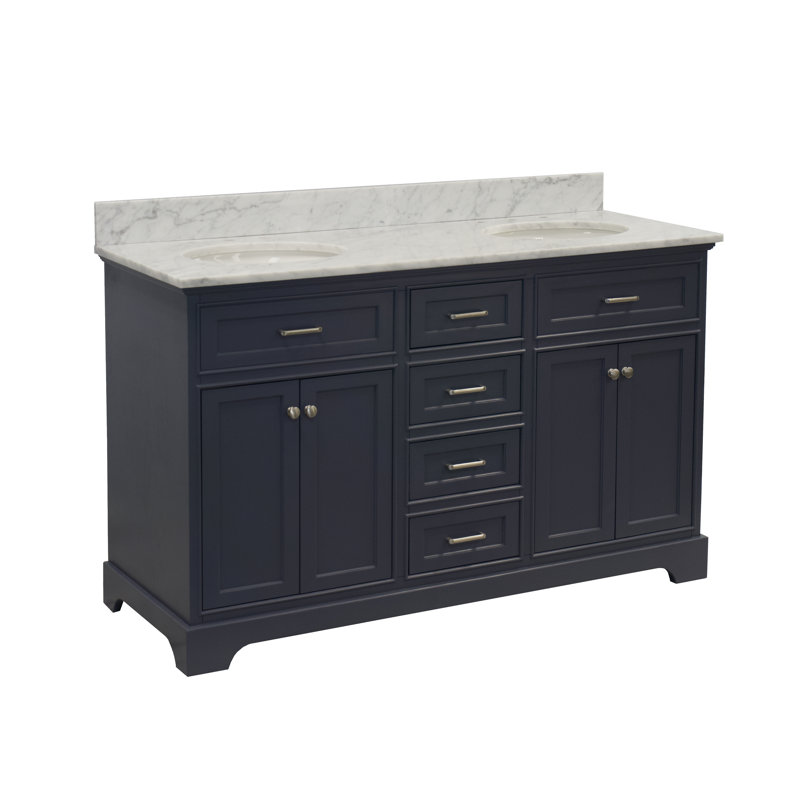 Ensemble de meuble-lavabo double 60 po Ronnie, Gris marine, Marbre de Carrare