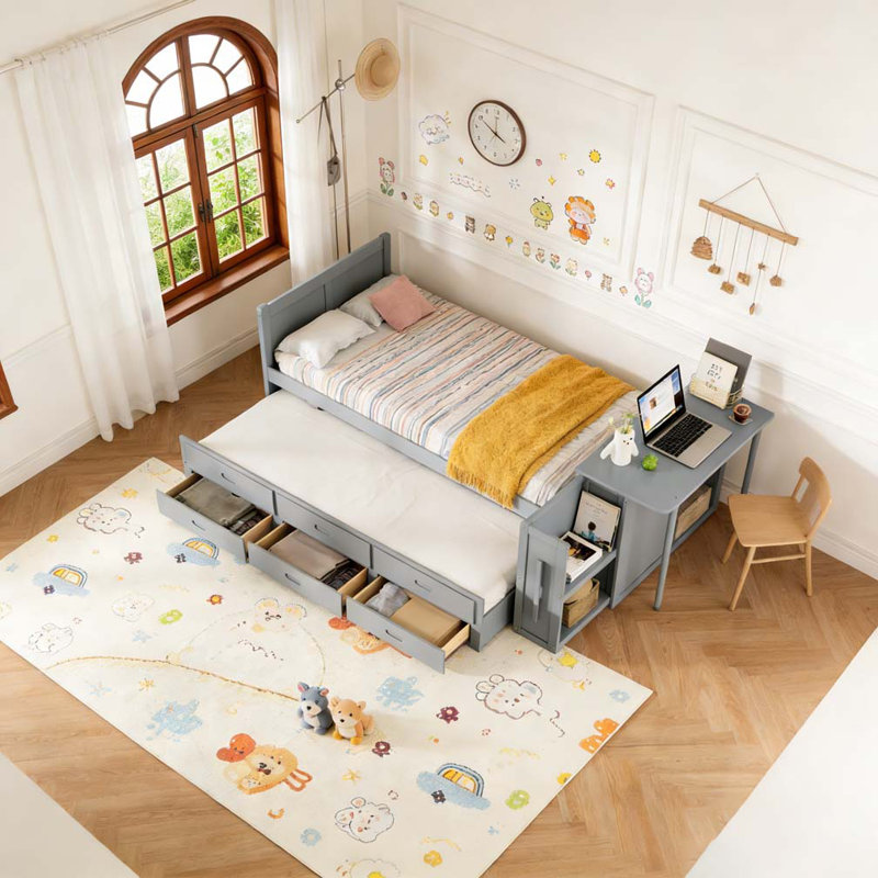 Lit plateforme simple en bois multifonctionnel avec bureau et tablette de rangement au bout du lit, Gris