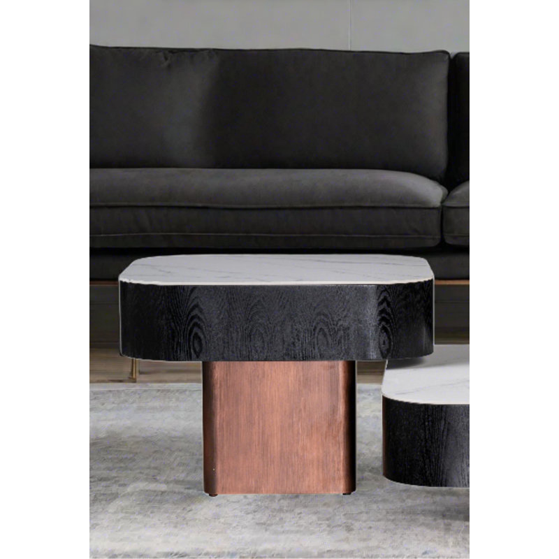 Table basse surdimensionnée carrée avec plateau en céramique, tiroir de rangement et base en bronze ceinture - Table basse moderne noir et blanc 