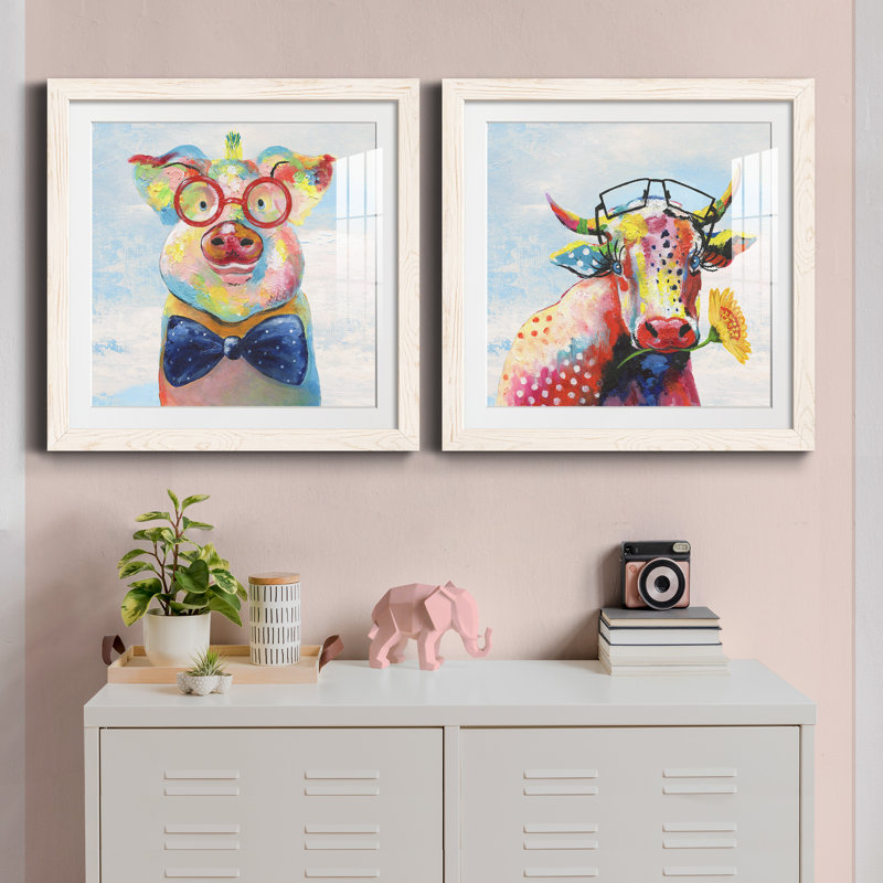 Groovy Pig and Sky - ensemble de 2 peintures, Papier encadré blanc, H 31,5 po x l 63 po x P 1,5 po
