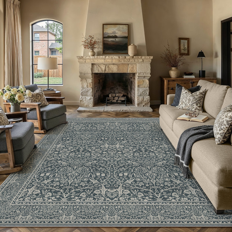 Tapis floral lavable à la machine avec envers antidérapant Alora, Bleu / Vert, 0.28", Rectangle 9 pi x 12 pi