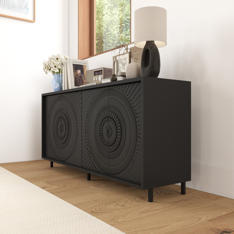 Flower Relief Wood Sideboard Buffet With Shelves