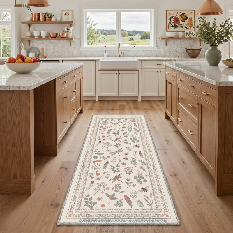 Adonis Wildmere Rustic Machine Washable Beige / Green / Pink Indoor Area Rug with Non-Slip Backing, Runner 2'6" x 8'