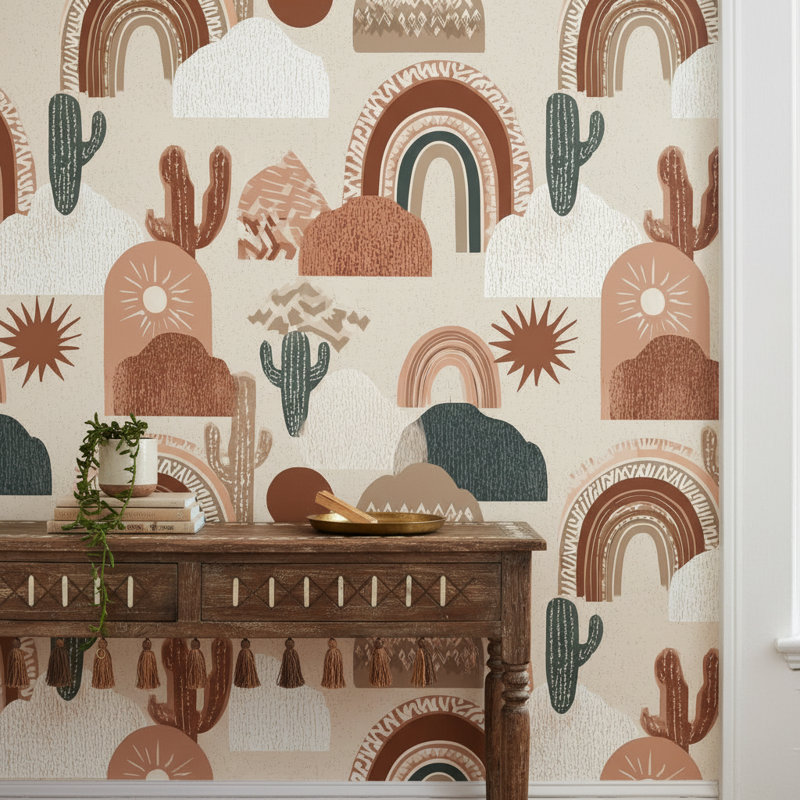 Murale bohémienne avec cactus géométrique
