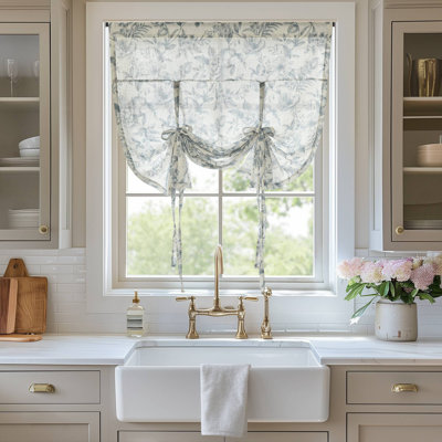 Lana Blue Botanical Print Light Filtering Textured Blend Single 42x63" Tie-Up Valance