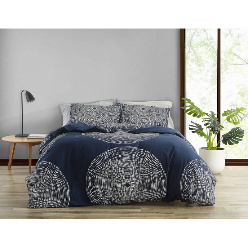 Ensemble d'édredon en coton Marimekko Fokus, Édredon double/grand et 2 taies décoratives, Bleu marine/blanc