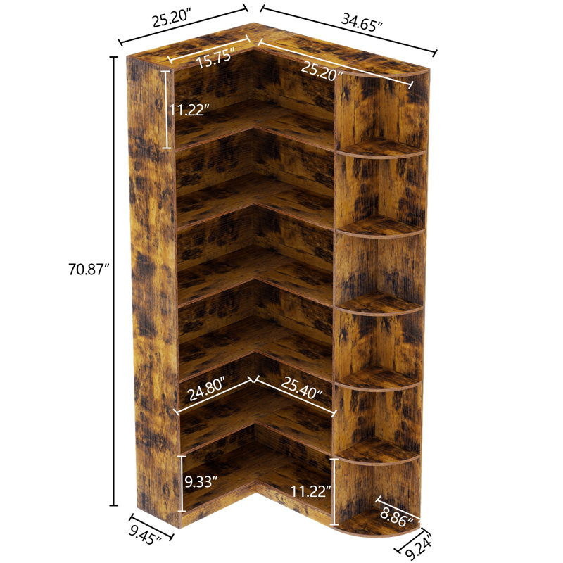 Crossland Book Shelf, 6 Tiers Shelf Large Tall Corner Etagere Bookcase With Full Baffle, L-Shaped Modern Storage Display Industrial Bookshelves For Bedroom, Home Office, Living Room & Kitchen