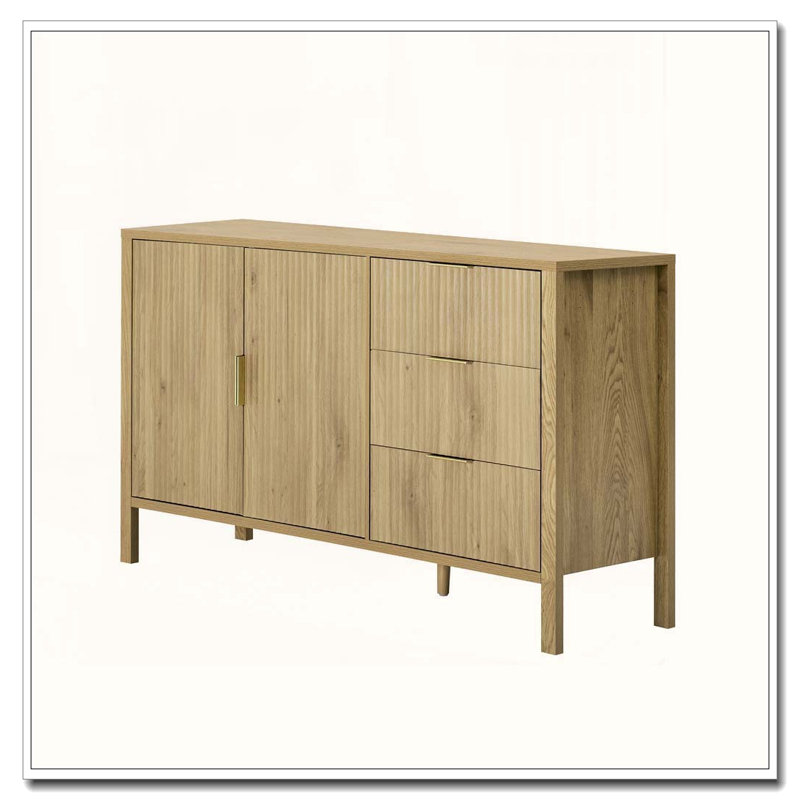 Modern Wave-Pattern Sideboard with 3 Drawers, Hooks, and Extra Center Leg, Natural