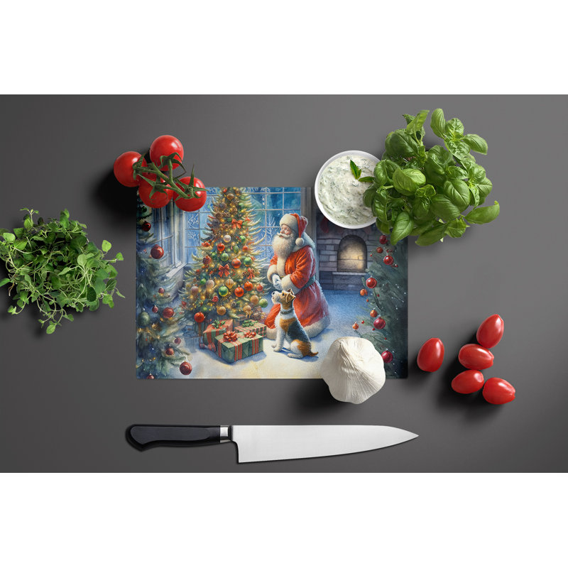 Fox Terrier and Santa Claus Glass Cutting Board