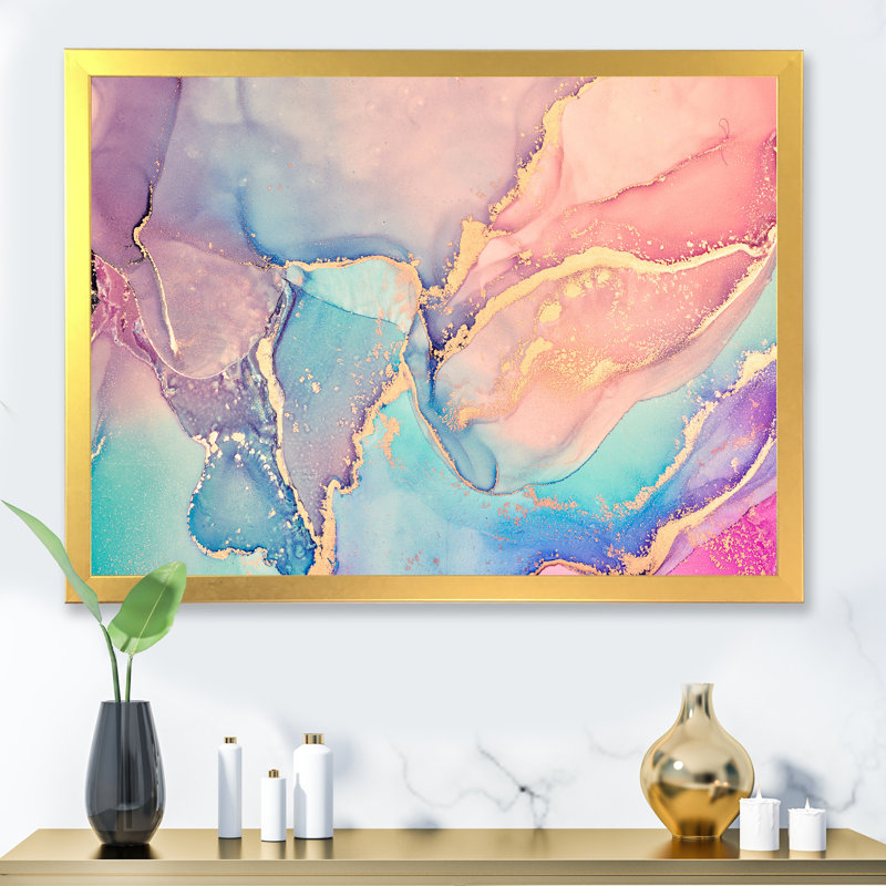 Art liquide rose et bleu II - reproduction sur toile, Encadrement doré, H 24 po x l 32 po