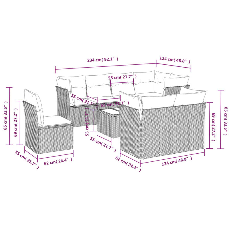 Ensemble de canapé de patio 9 pièces avec coussins en rotin de polyester, Gris, Marine