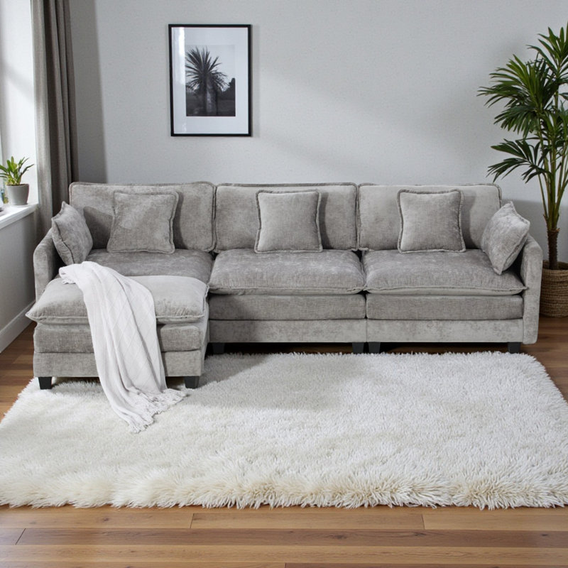 Geneveve 113.8"W Chenille Upholstered Sofa With Ottoman, 5 Compressed Pillows & Compressed Foam Cushions, Gray Chenille
