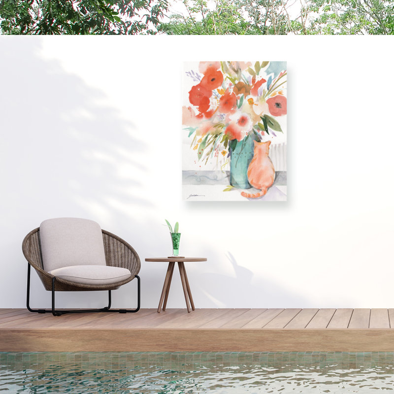 Vase bolognaise avec chat orange sur toile, H 24 po x l 18 po