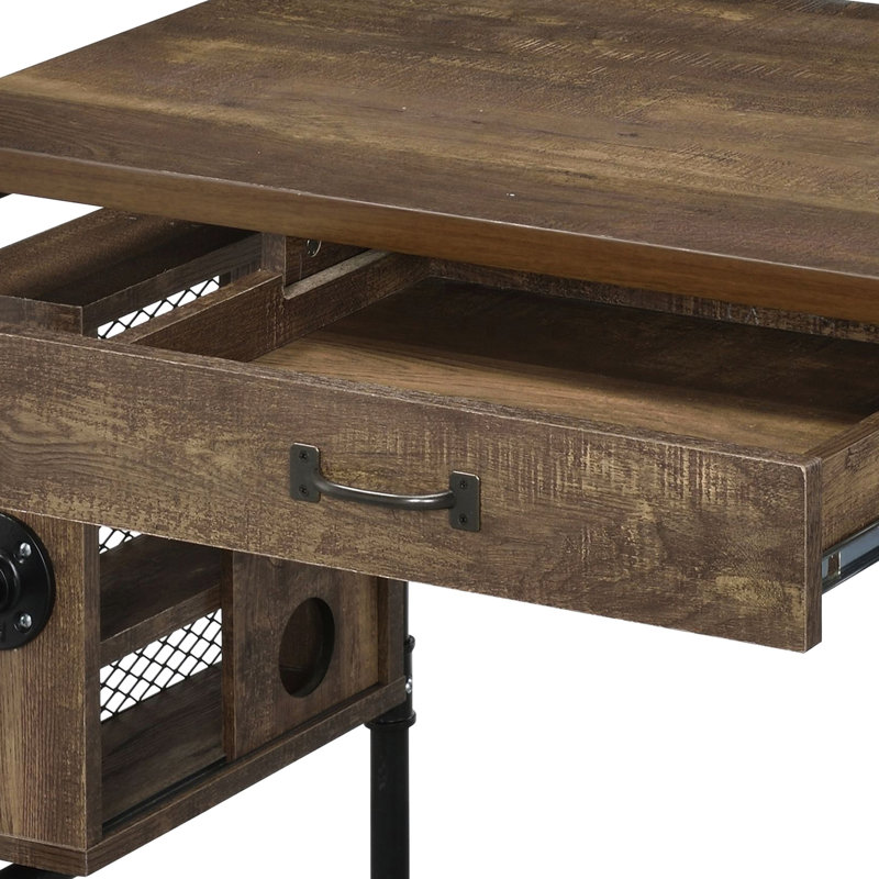 Ample bureau de travail en chêne patiné et noir avec tiroir de rangement pour ordinateur