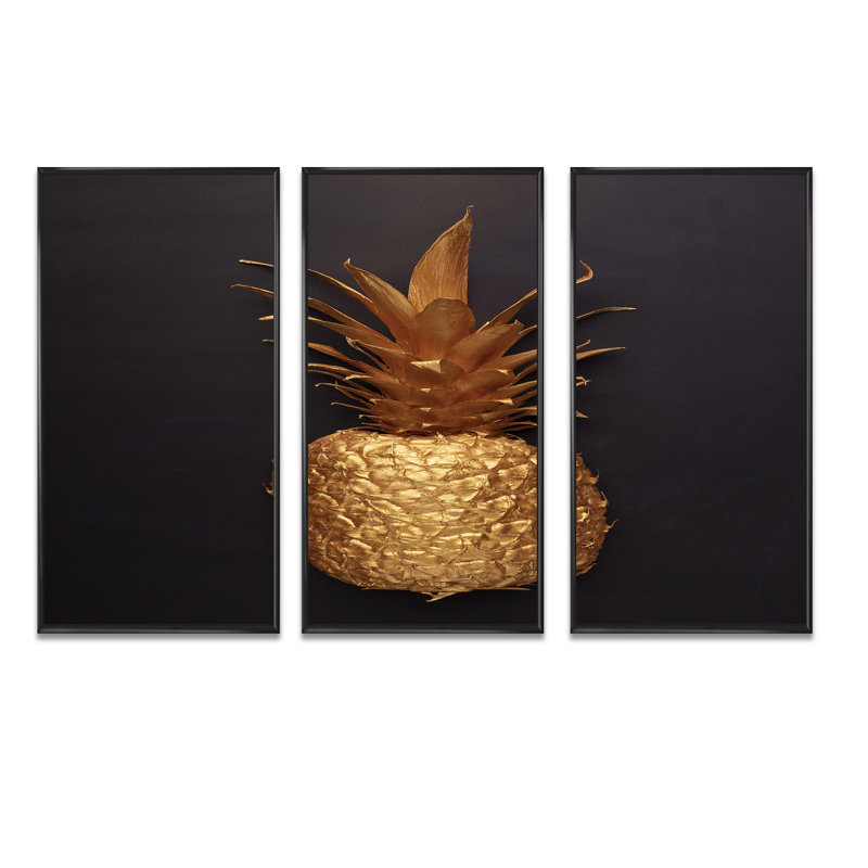 Fleurs tropicales dorées sur fond noir III - reproduction de cadre flottant sur toile 3 pièces, H 32 po x l 48 po x P 1 po