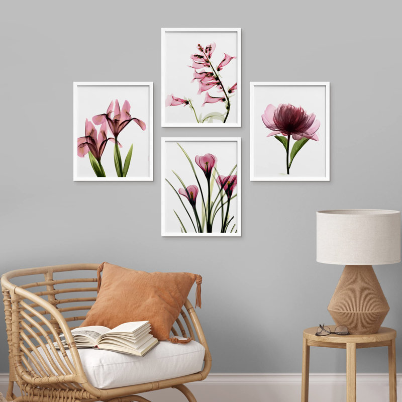Radiographie de fleurs botaniques roses en gros plan sur papier, impression de 4 pièces, Blanc, H 16 po x l 12 po