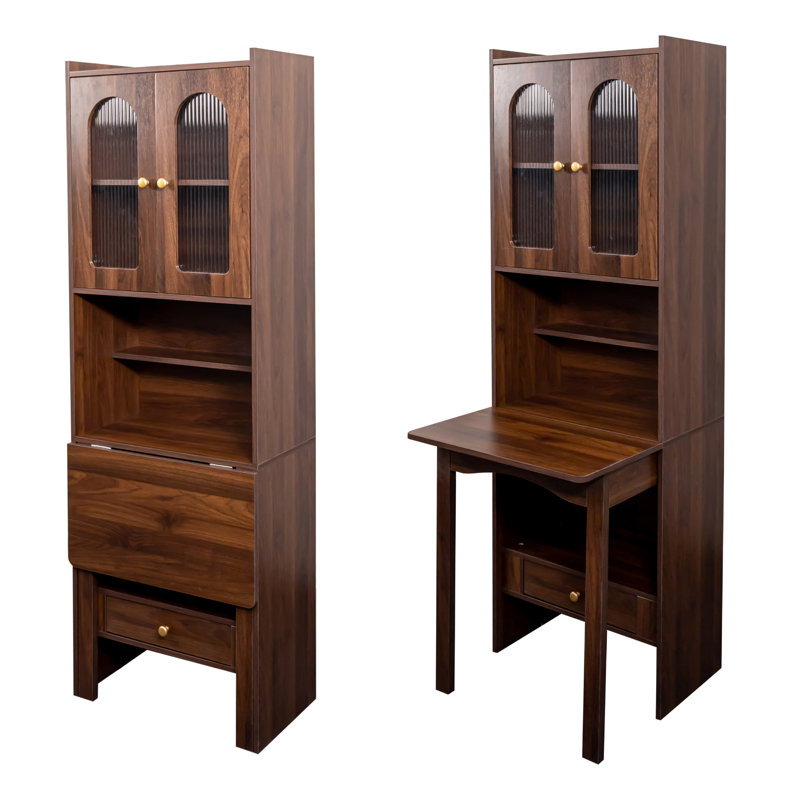 Multi-Function Desk Cabinet Fold-Out Convertible Writing Table With Shelves And Drawer, Walnut