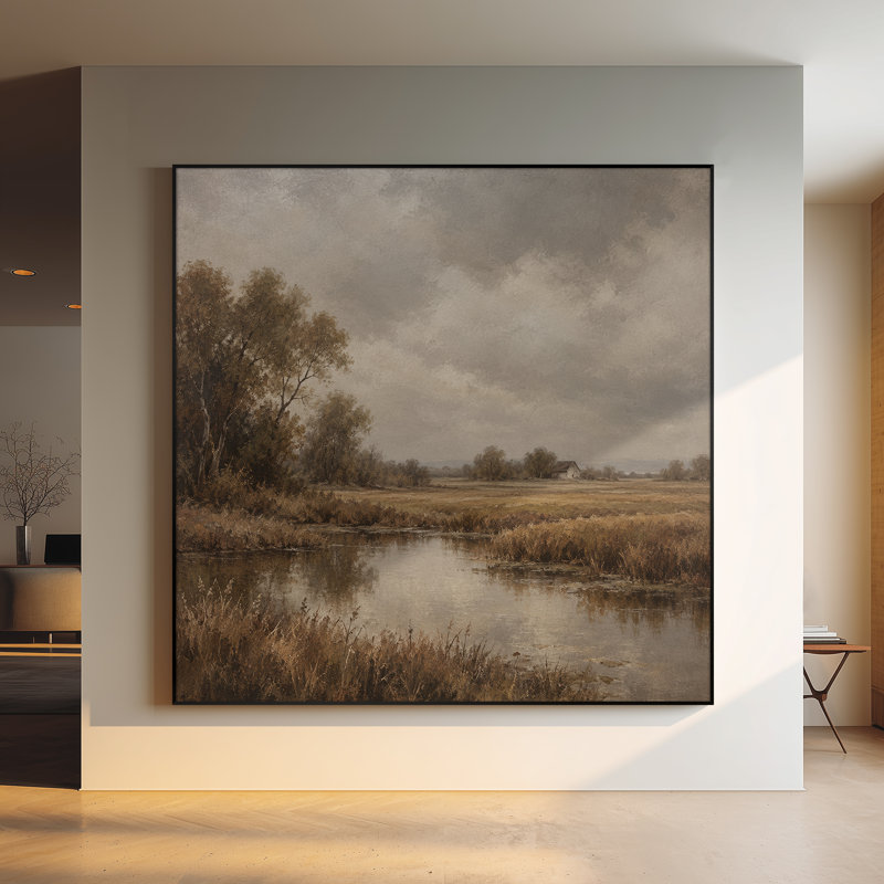 Extra Large Wall Art Fabric Print - Moody Countryside Pond with Autumn Trees for Living Room or Bedroom - "Frame Assembly Required (Unfinished Frame)"