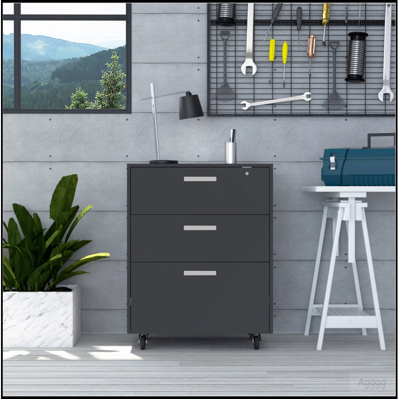 MultisStorage Cabinet 35" H, Three Drawers, Four Wheels, Black