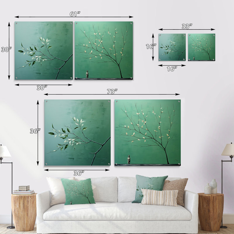 «Botanical Seafoam Solitude», ensemble de 2 peintures murales en acrylique sur verre, H 16 po x l 33 po