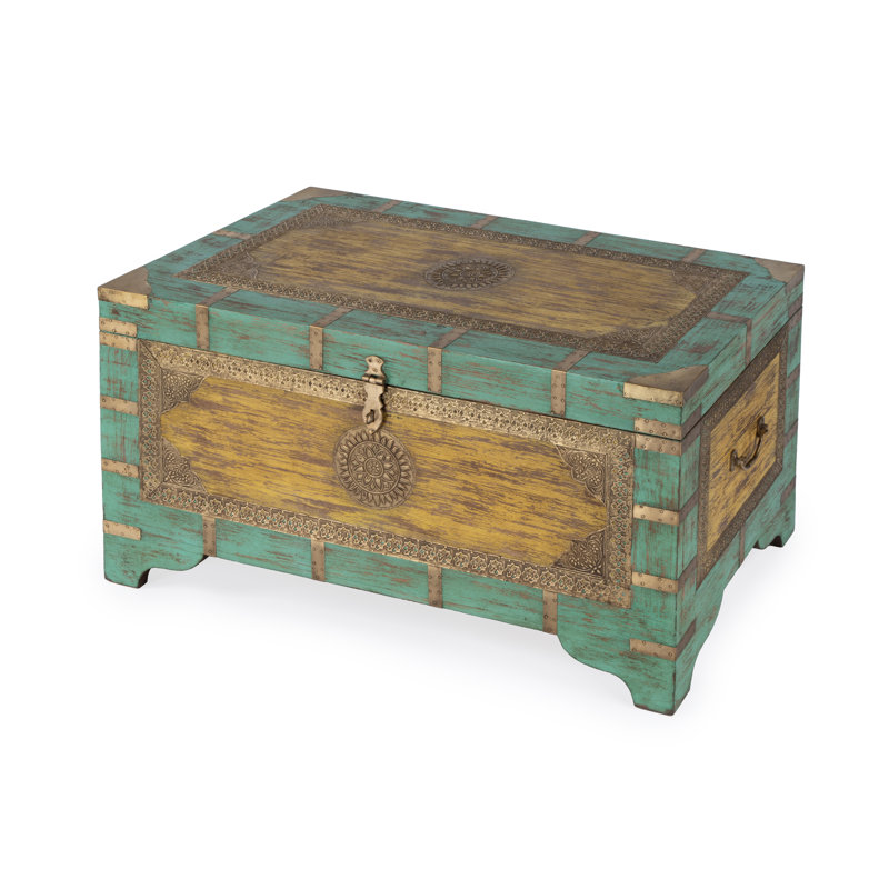Nador Hand-Painted Brass Inlay Storage Trunk Coffee Table, Green/ Gold