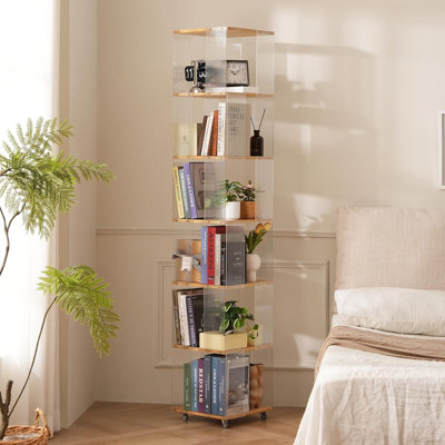 6-Tier 360-Degree Rotating Bookshelf With Wheels, Clear Acrylic Modern Bookcase Tower For Home Office, Living Room, And Bedroom Storage Organization