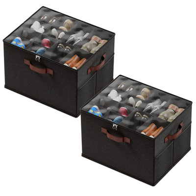 Ensemble de 4 grands bacs de rangement pour chaussures - Boîte à chaussures pliable en lin avec couvercle transparent, fermeture à glissière, poches latérales en filet et 3 poignées, peut contenir 16 à 20 paires