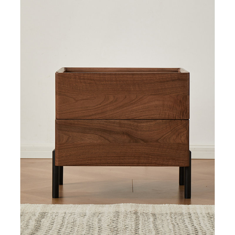 Wabi Sabi Walnut Wood Nightstand Handleless Double Drawer Solid Wood Construction