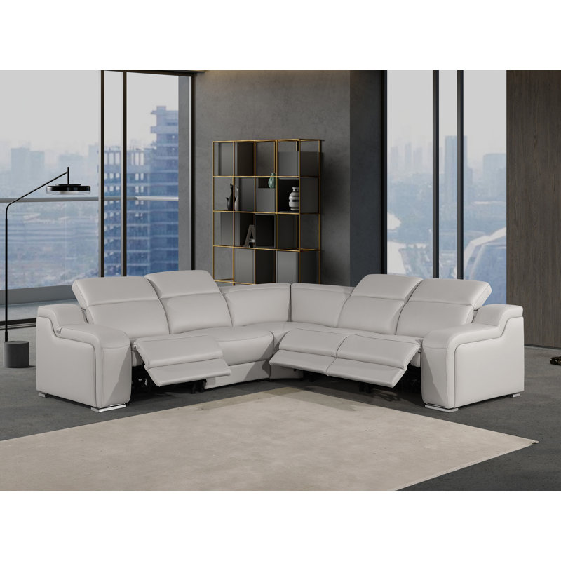Stanyo 5 - Piece Top Grain Italian Leather Power Reclining Sectional, Light Gray Genuine Leather