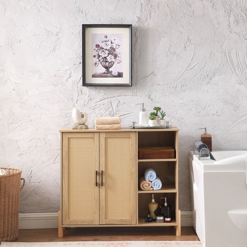 Mid-Century Modern Storage Cabinet With Woven Rattan Doors, Open Shelves & Adjustable Shelves