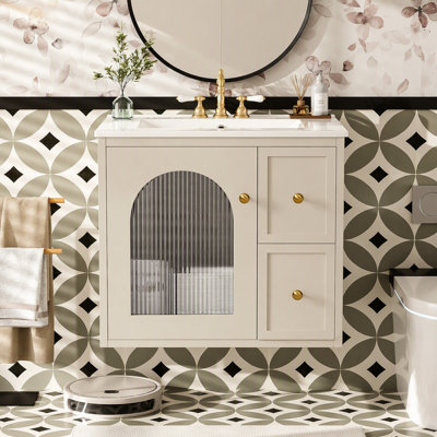 Ensemble de meuble-lavabo mural 24 po pour petit espace, armoire de salle de bain avec lavabo en céramique, 2 tiroirs et 1 porte à fermeture en douceur