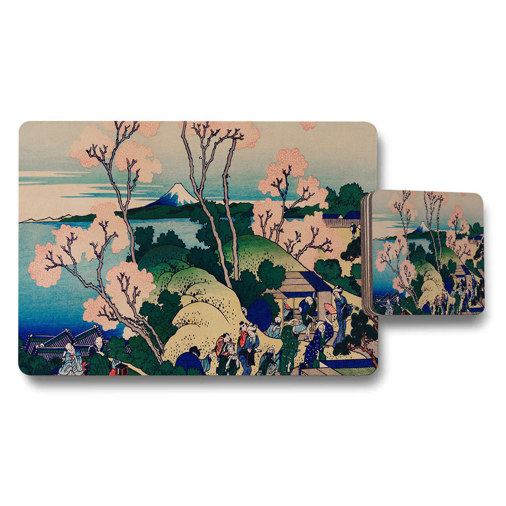 Japanese Ukiyoe Landscape Placemat And Coaster Set Mount Fuji