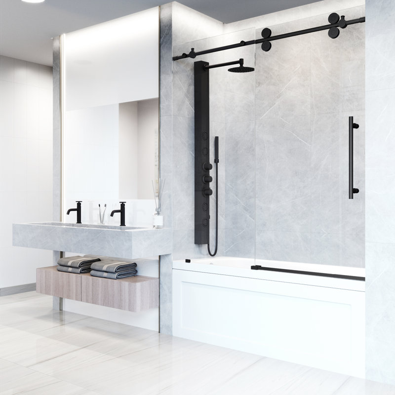 Elan 56-60" W x 66" H Sliding Frameless Tub Door with 3/8" Laminated Glass, Matte Black
